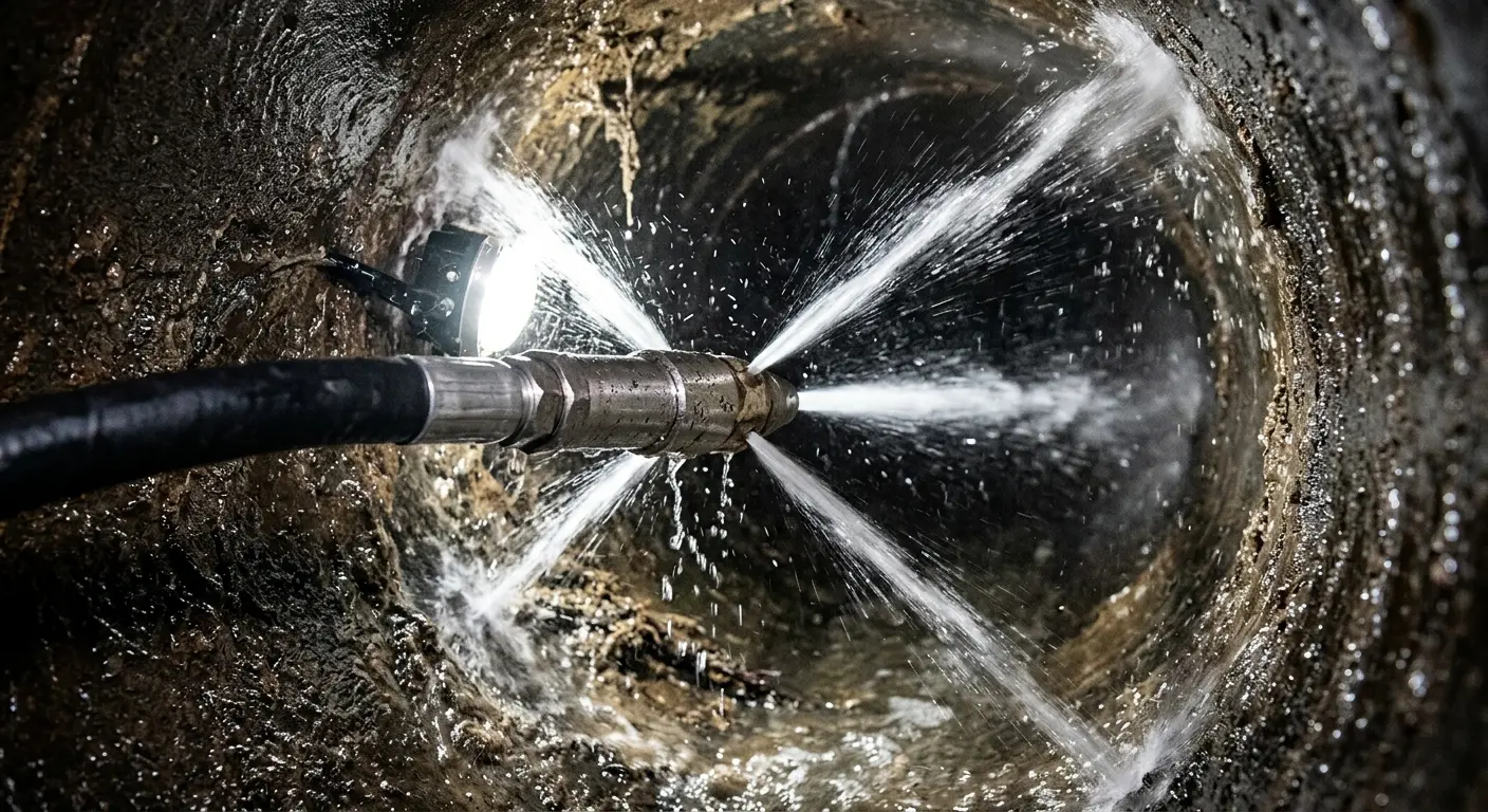 High-pressure hydro jetting nozzle cleaning sewer pipe for Emergency Drain Service in Normandy Park
