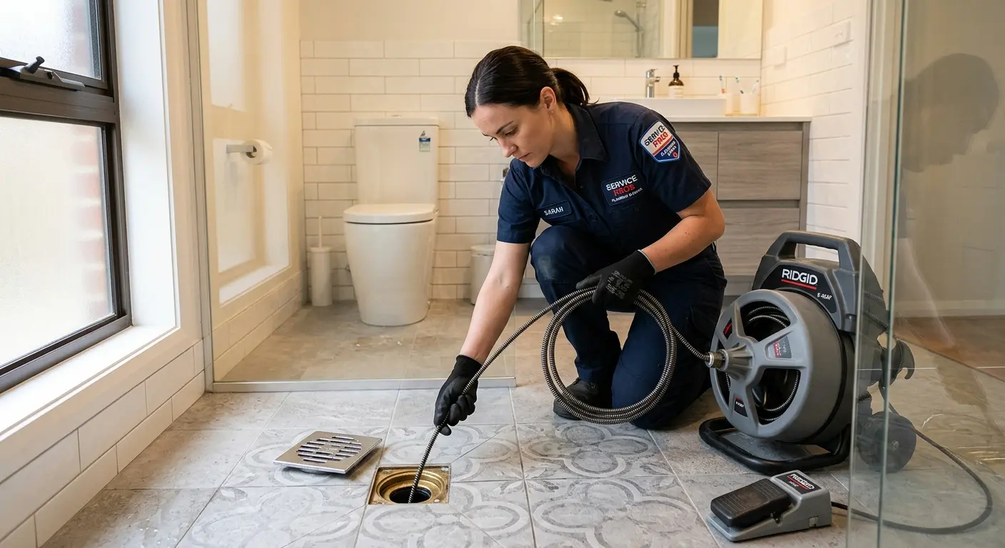 Technician clearing a bathroom floor drain for Hydro Jetting in Normandy Park